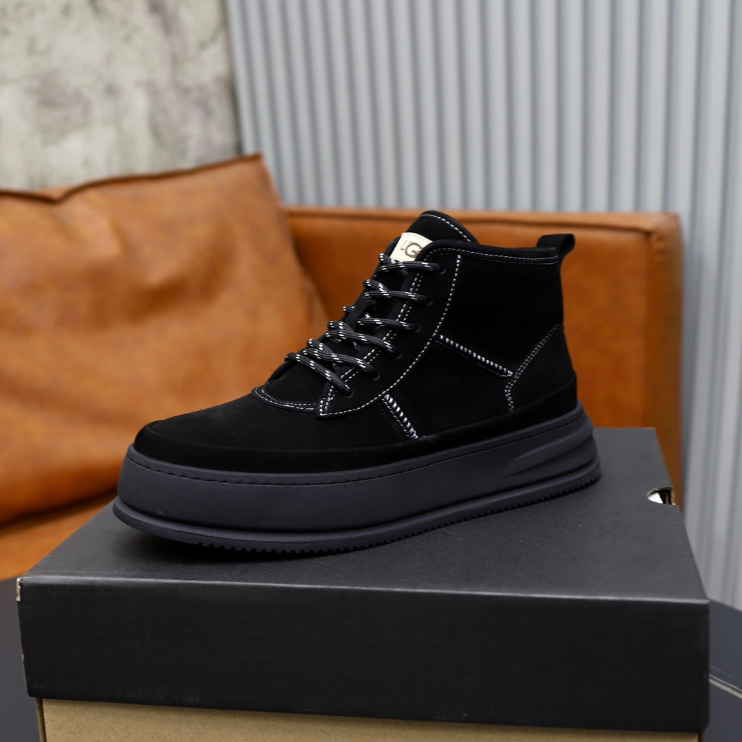 UGG Men's High-Top Sneaker – Black Suede | White Contrast Stitch | Chunky Platform