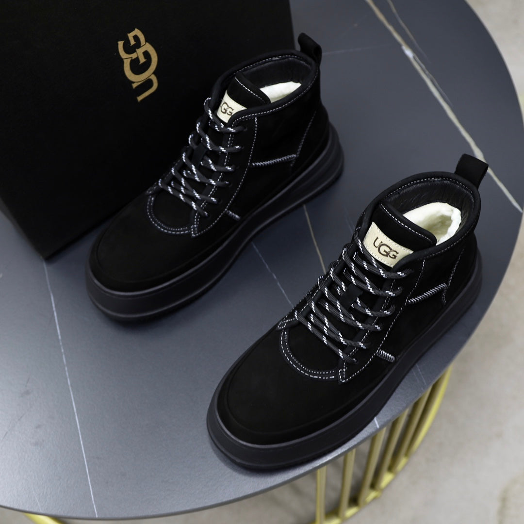 UGG Men's High-Top Sneaker – Black Suede | White Contrast Stitch | Chunky Platform