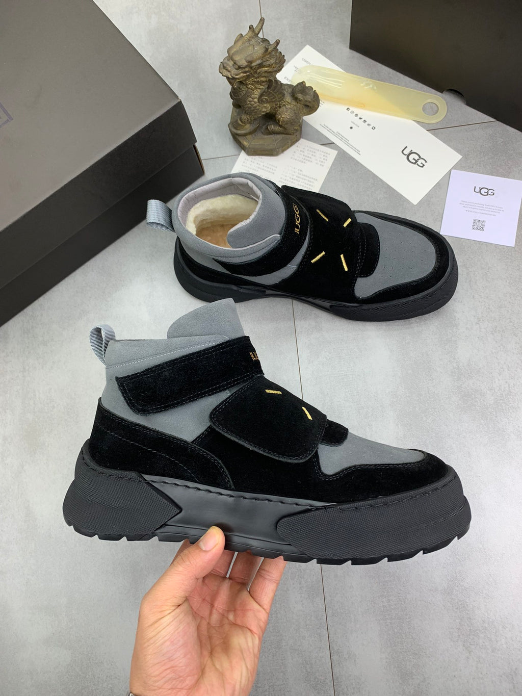 UGG Mid-Top Sneaker – Grey & Black Suede | Gold Hardware & Shearling Lining | Sizes 39–44