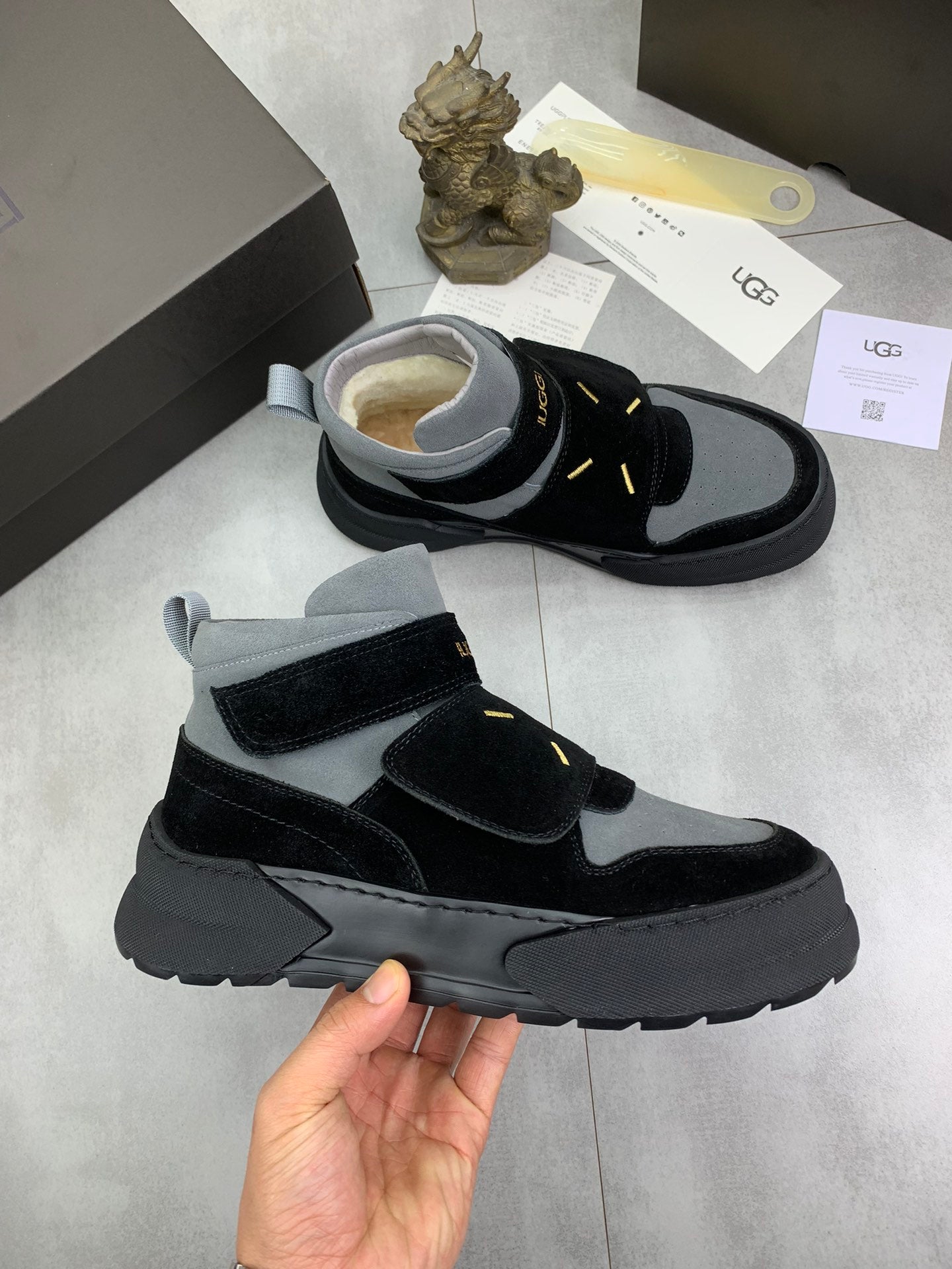 UGG Mid-Top Sneaker – Grey & Black Suede | Gold Hardware & Shearling Lining | Sizes 39–44