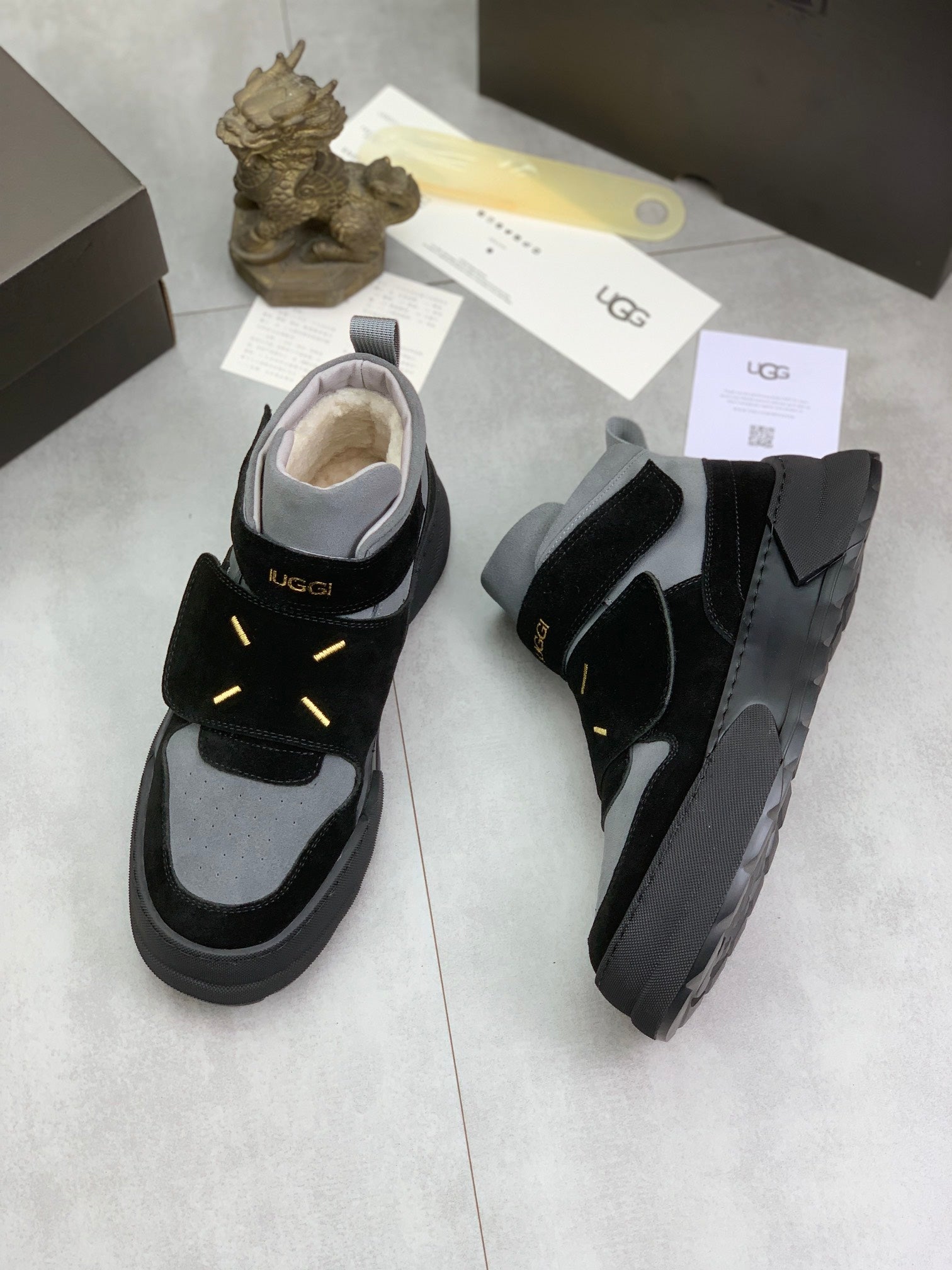 UGG Mid-Top Sneaker – Grey & Black Suede | Gold Hardware & Shearling Lining | Sizes 39–44