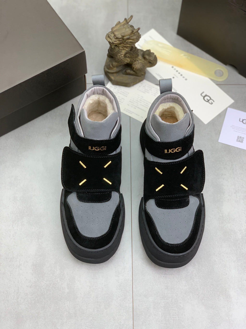 UGG Mid-Top Sneaker – Grey & Black Suede | Gold Hardware & Shearling Lining | Sizes 39–44