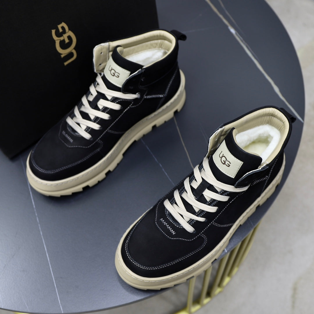 UGG High-Top Sneaker – Black Suede | Cream Lug Sole & White Contrast