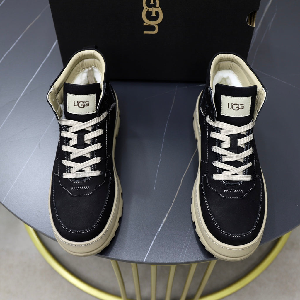 UGG High-Top Sneaker – Black Suede | Cream Lug Sole & White Contrast