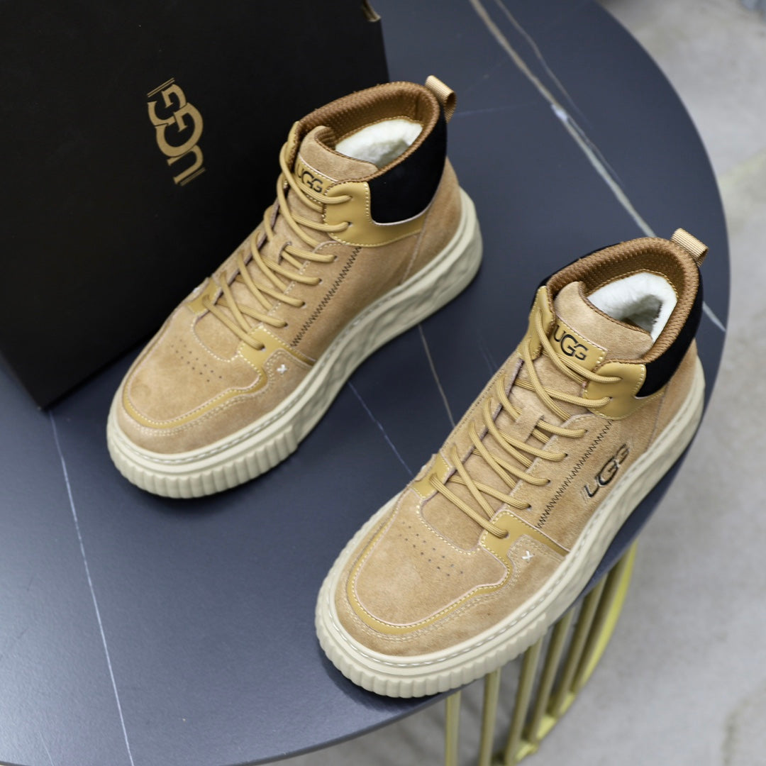 UGG High-Top Sneaker – Camel Suede | Embroidered Logo & Sculpted Sole