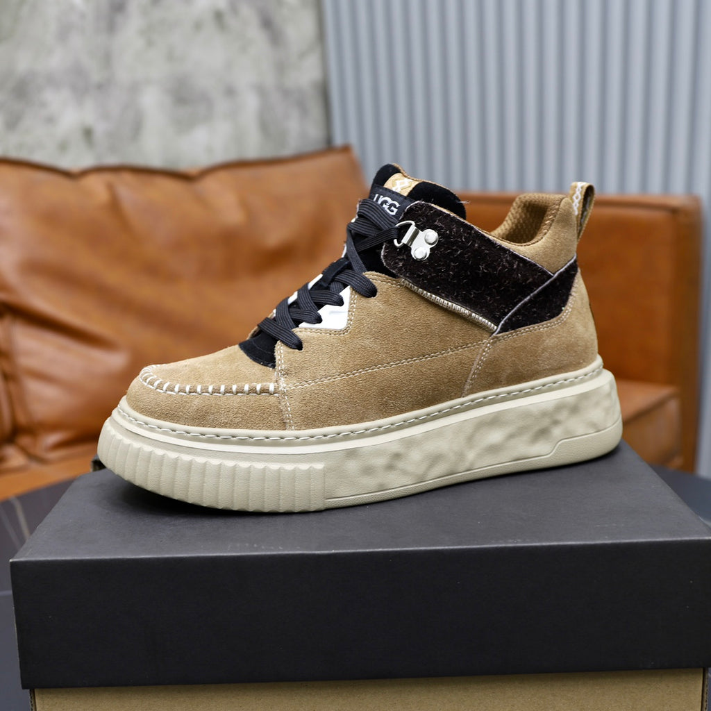 UGG Mid-Top Sneaker – Camel Suede | Croc-Embossed Collar & Gold Trim