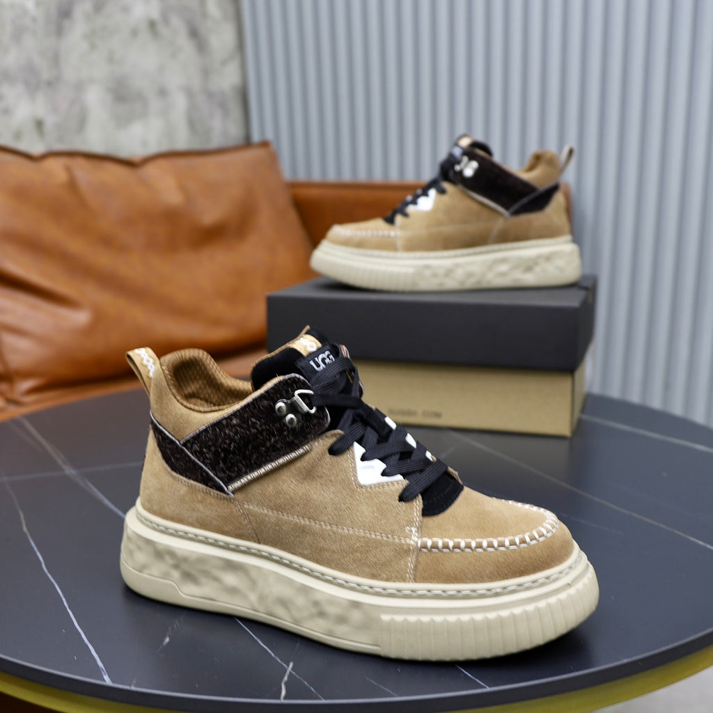 UGG Mid-Top Sneaker – Camel Suede | Croc-Embossed Collar & Gold Trim