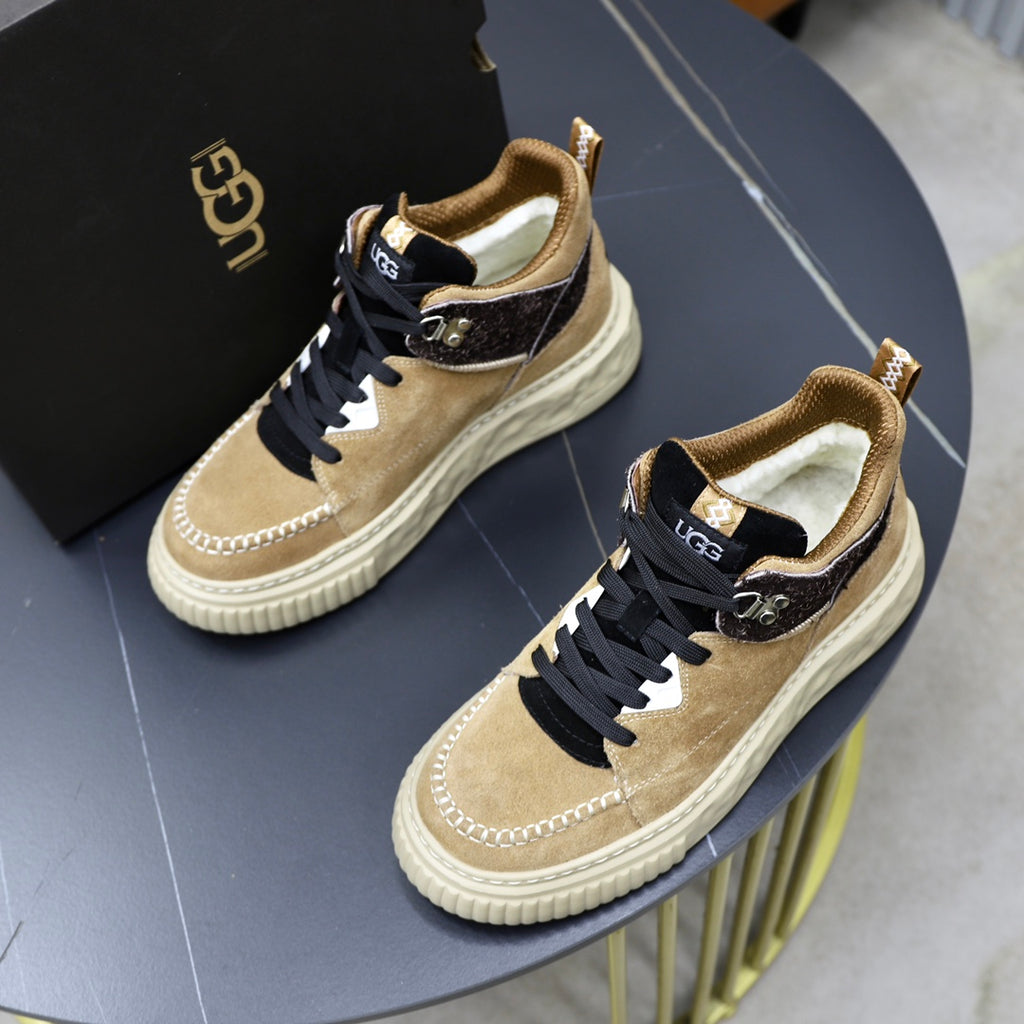 UGG Mid-Top Sneaker – Camel Suede | Croc-Embossed Collar & Gold Trim
