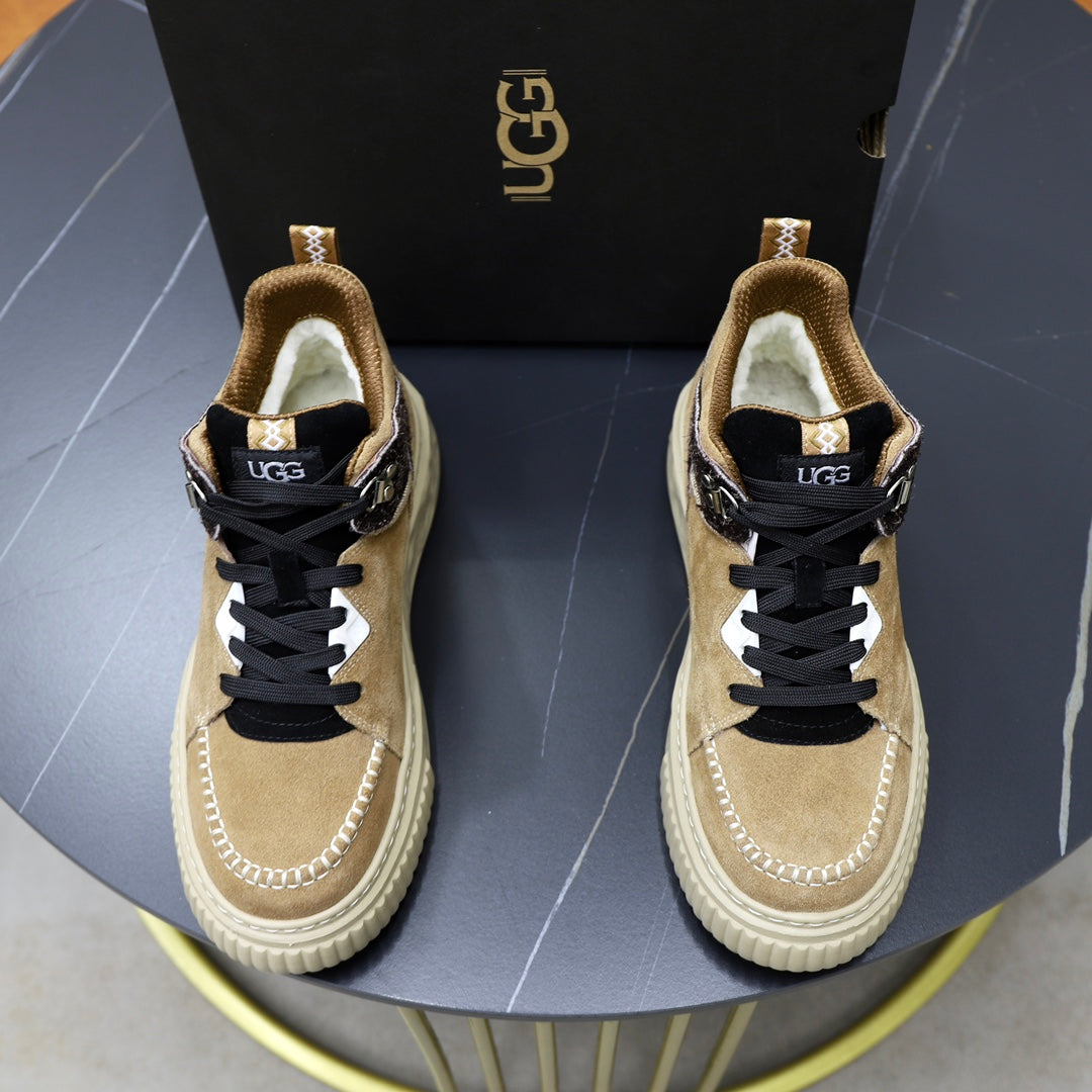 UGG Mid-Top Sneaker – Camel Suede | Croc-Embossed Collar & Gold Trim
