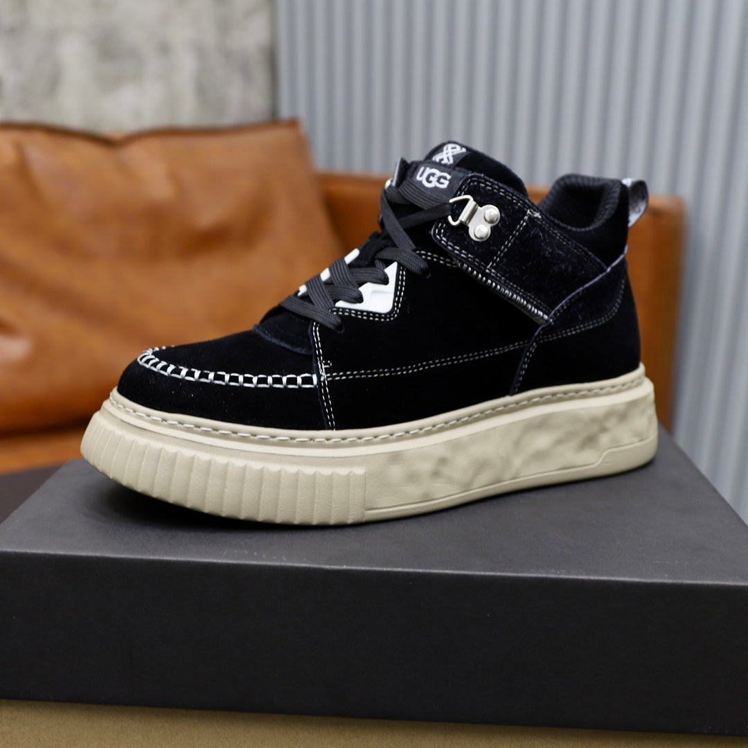 UGG Mid-Top Sneaker – Triple Black Suede | Croc-Embossed Collar & Cream Sole