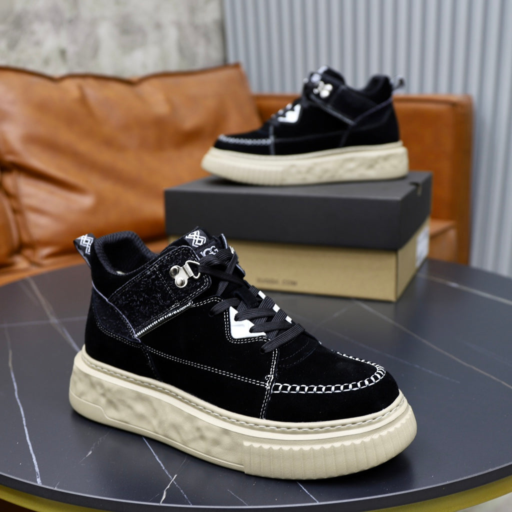 UGG Mid-Top Sneaker – Triple Black Suede | Croc-Embossed Collar & Cream Sole