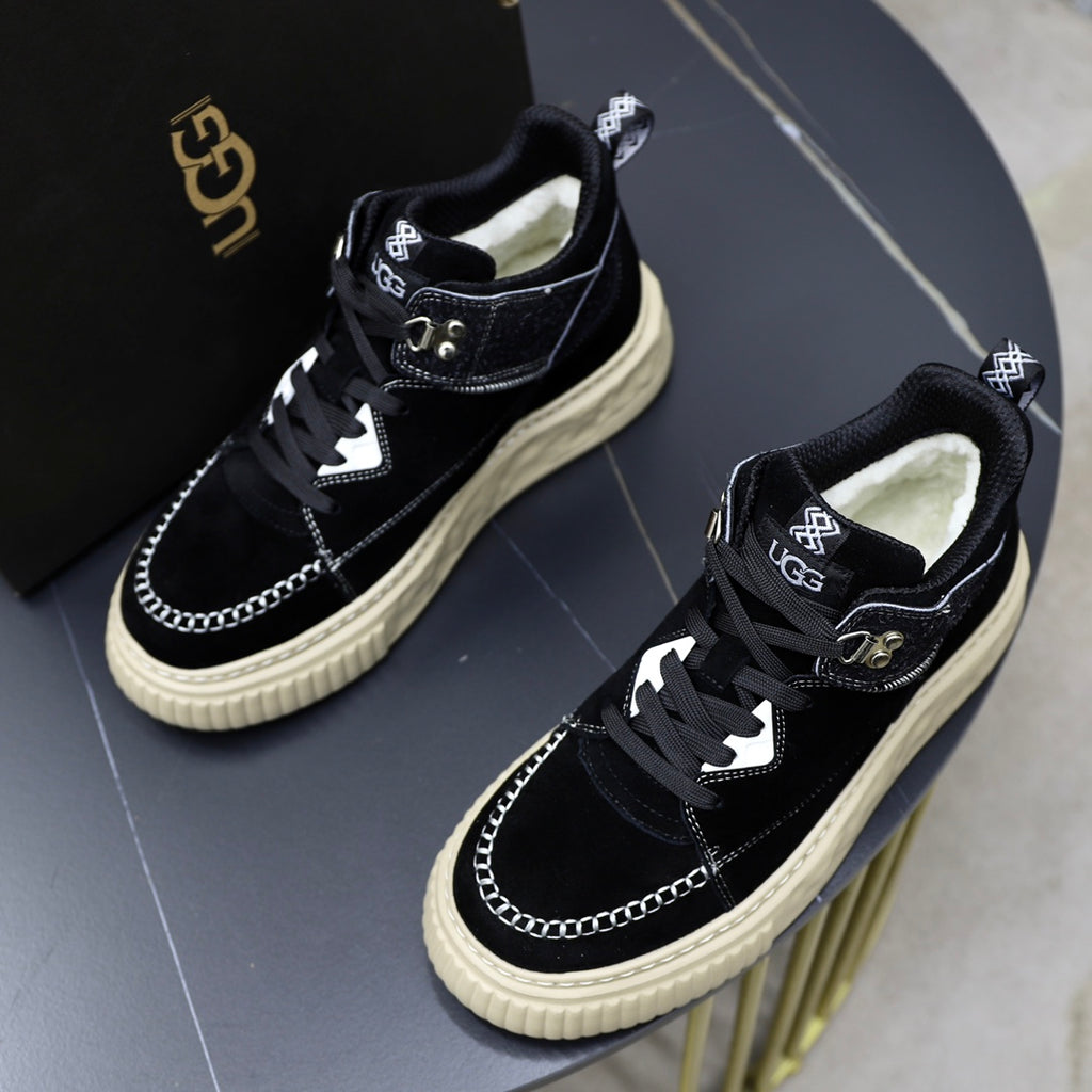 UGG Mid-Top Sneaker – Triple Black Suede | Croc-Embossed Collar & Cream Sole