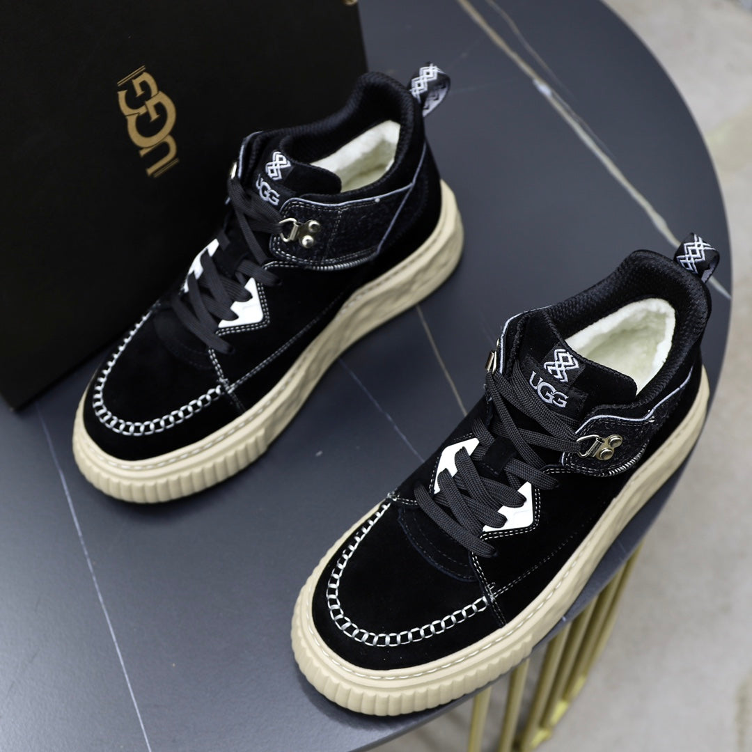 UGG Mid-Top Sneaker – Triple Black Suede | Croc-Embossed Collar & Cream Sole